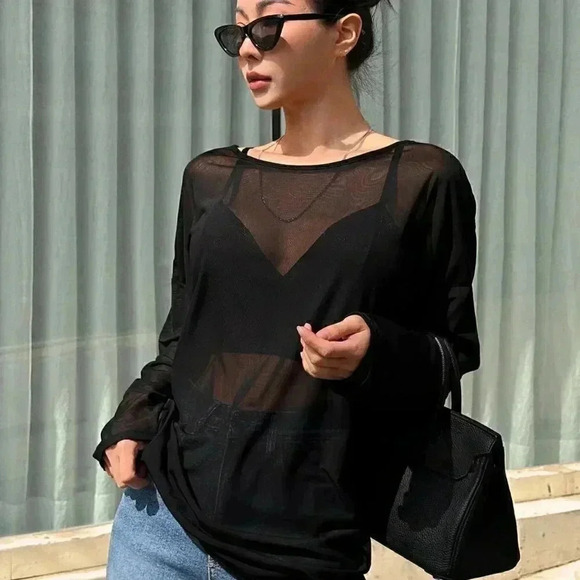 Black Boho Women's Solid Color Loose Fit Long Sleeve Round Neck Lightwei… - Picture 4 of 5